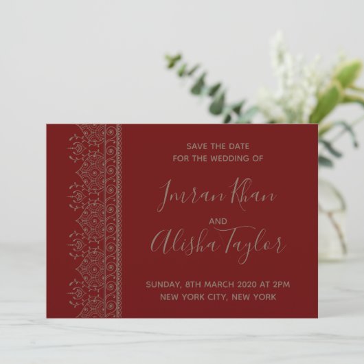 Mehendi Indische Trouwkaart Save the date hamsa He (Staand voorkant)