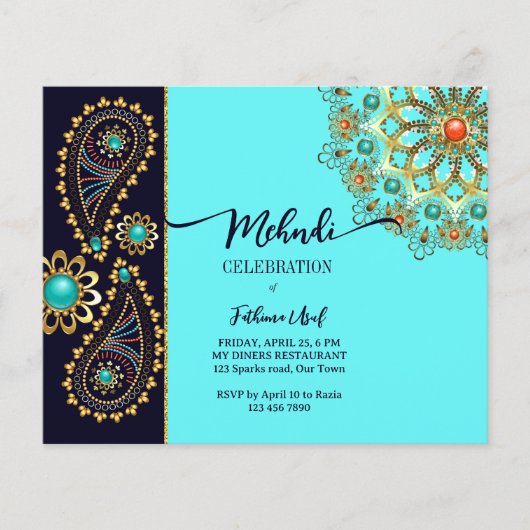 Mehndi blue goudjuwelen paisley budget uitnodiging (Voorkant)
