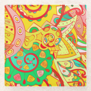 Mehndi Doodle: Kleurrijke etnische textuur. Glazen Onderzetter