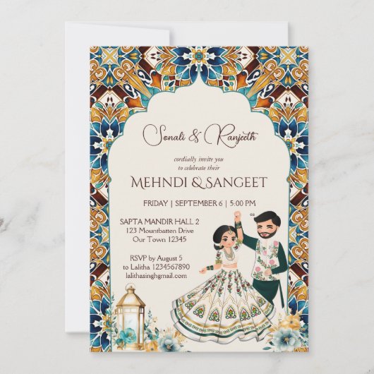 Mehndi en sangeet Indiase bruiloft uitnodiging (Voorkant)