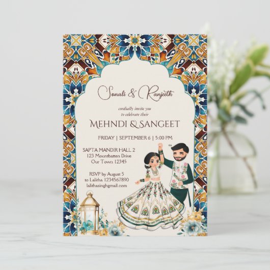Mehndi en sangeet Indiase bruiloft uitnodiging (Staand voorkant)