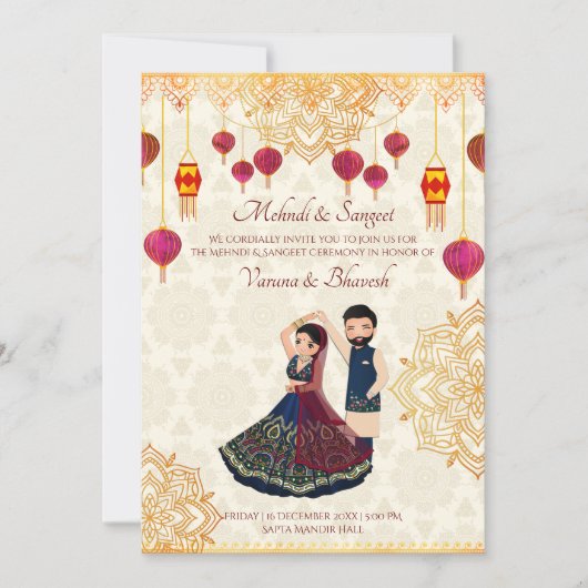 Mehndi et sangeet invitation mignon couple indien (Devant)