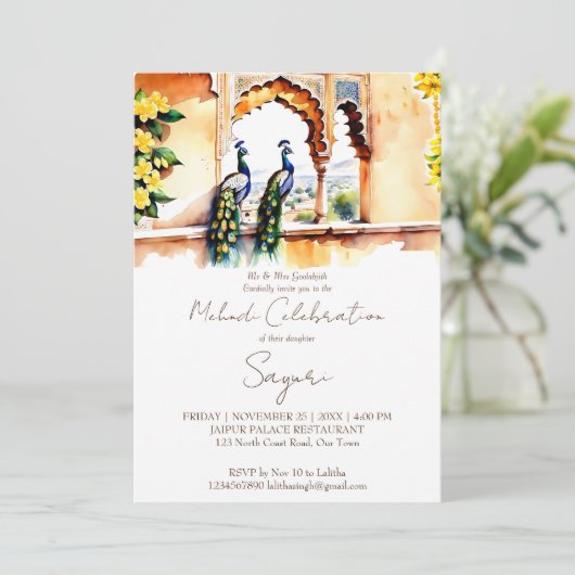 Mehndi Indiase bruiloft pauwen in Jaipur paleis Kaart (Staand voorkant)