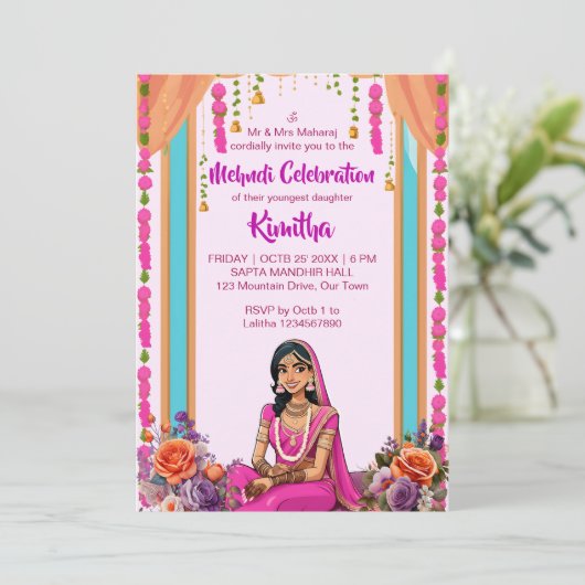 Mehndi Indiase bruiloft schattige bruid in roze Kaart (Staand voorkant)