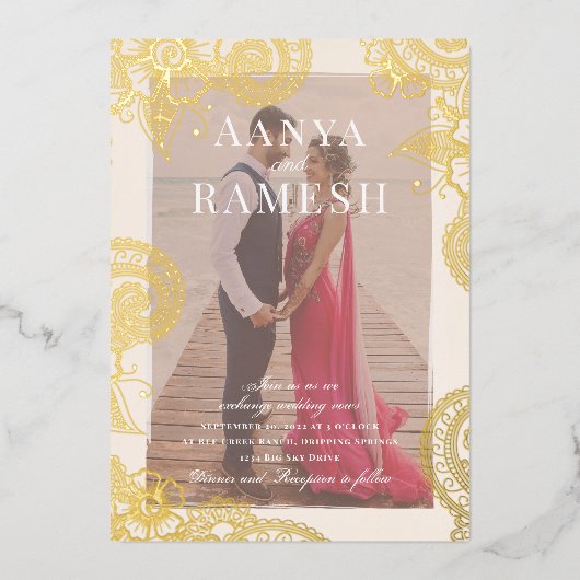 Mehndi Photo Faire-part de mariage Real Gold (Recto)