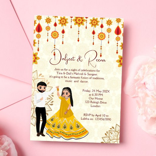 Mehndi sangeet invitation dansant mignon couple in