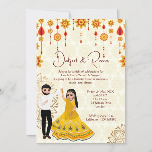 Mehndi sangeet invitation dansant mignon couple in (Devant)