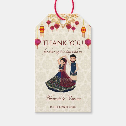 Mehndi & sangeet manadala en schattig Indiaas paar Cadeaulabel (Voorkant)