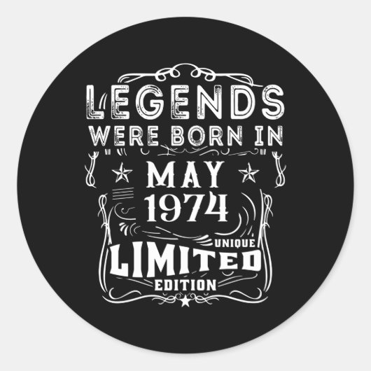 Mei 1974 Jaar Legends Ronde Sticker (Voorkant)
