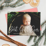 Meilleur cadeau Jamais Faire-part de naissance pho<br><div class="desc">Cette carte de faire-part de naissance de vacances douce mais moderne présente un script de calligraphie blanche sur une photo horizontale simple à fond. Le script de calligraphie saluant sur le devant dit "Best Gift Ever". Cette conception s'adapte à une seule photo horizontale à l'avant de la carte. À l'envers,...</div>