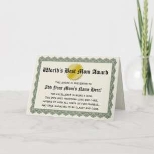 Meilleure carte de certificat maman Award du monde