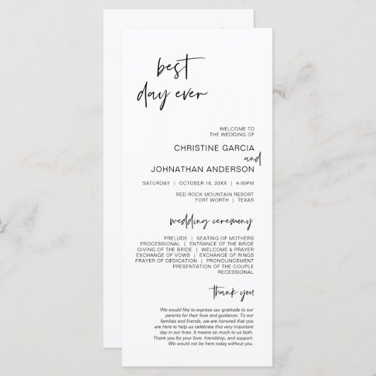 Meilleure journée jamais, Programme de Mariage min (Devant / Derrière)