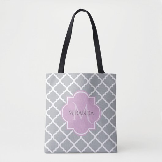 Meisgrijze Quatrefoil Lavender Monogram en naam Draagtas (Voorkant)