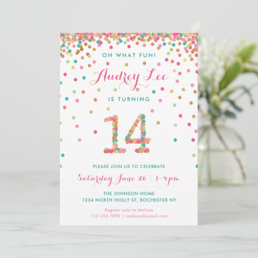 Meisje 14e verjaardag Uitnodiging veertiende verja (Staand voorkant)