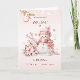 Meisje 1e Kerstmis Roze Sneeuwman Feestdagen Kaart
