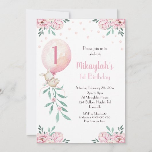 Meisje 1e verjaardag Uitnodiging Ballonnen Bunny P (Voorkant)