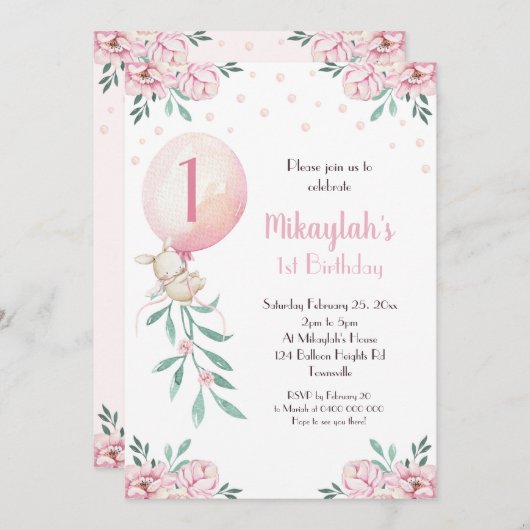 Meisje 1e verjaardag Uitnodiging Ballonnen Bunny P (Voorkant / Achterkant)