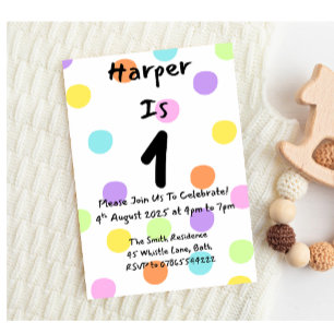 Meisje 1e Verjaardag Uitnodiging Pastel Polka Dot 