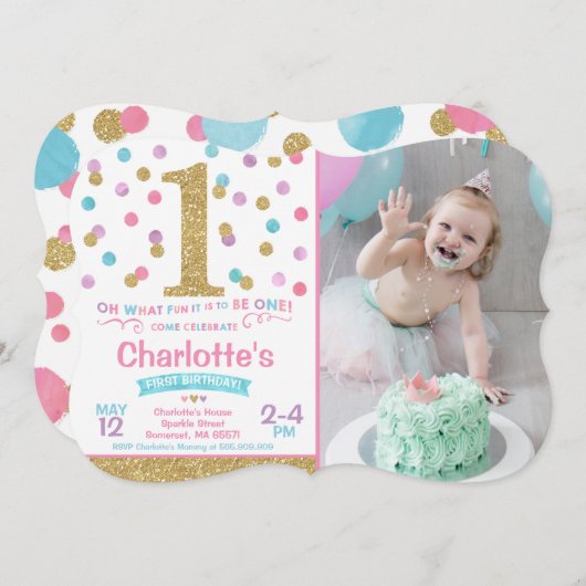 Meisje 1e verjaardag Uitnodiging Roze & Gold Confe (Voorkant / Achterkant)