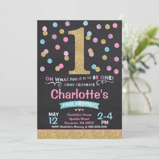 Meisje 1e verjaardag Uitnodiging Roze & Gold Confe (Staand voorkant)