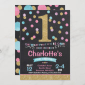 Meisje 1e verjaardag Uitnodiging Roze & Gold Confe (Voorkant / Achterkant)