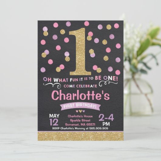 Meisje 1e Verjaardag Uitnodiging Roze & Gouden Con (Staand voorkant)