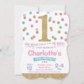 Meisje 1e Verjaardag Uitnodiging Roze & Gouden Con (Voorkant)