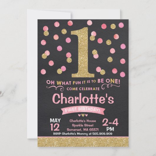 Meisje 1e Verjaardag Uitnodiging Roze & Gouden Con (Voorkant)