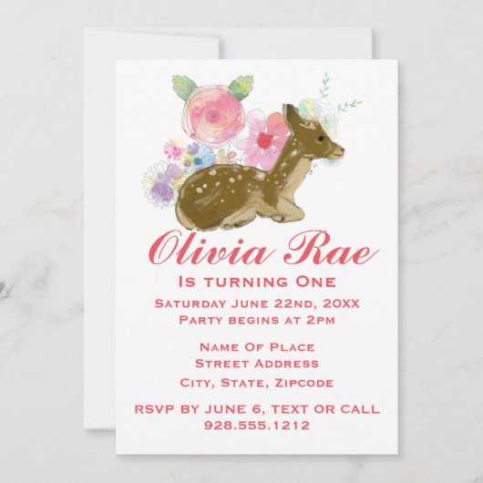 Meisje 1e Verjaardag Woodland Roze Bloemen Kaart (Voorkant)