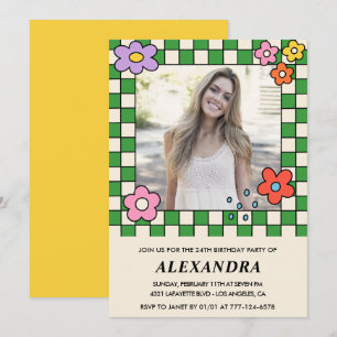 Meisje 24e verjaardag uitnodiging Retro Groovy Flo
