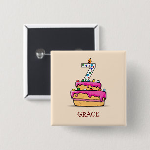 Meisje 7e verjaardag, 7 op de zoete roze Cake Vierkante Button 5,1 Cm
