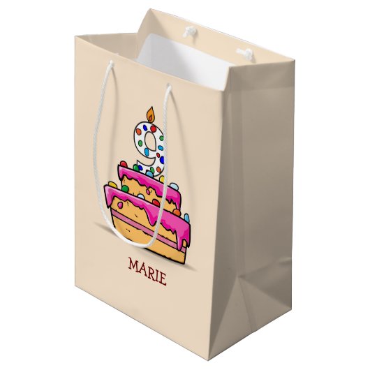 Meisje 9e verjaardag, 9 op de zoete roze Cake Medium Cadeauzakje (Voorkant Gekanteld)