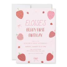 Meisje Aardbei Berry Eerste Verjaardag Uitnodiging