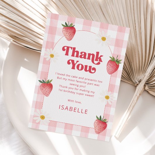 Meisje aardbei bessen eerste 1e verjaardag feest bedankkaart