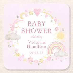 Meisje Aquarel Regenboog Baby Shower Vierkante Kartonnen Onderzetter