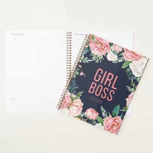 Meisje Baas | Marine en roze bloemen gepersonalise Planner (Display)