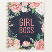 Meisje Baas | Marine en roze bloemen gepersonalise Planner (Voorkant)