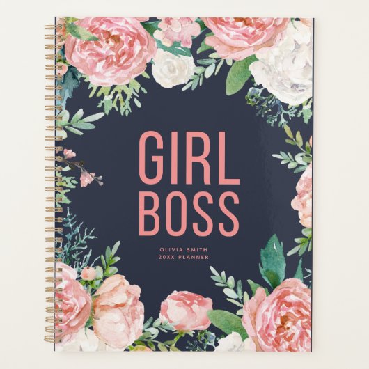 Meisje Baas | Marine en roze bloemen gepersonalise Planner (Voorkant)