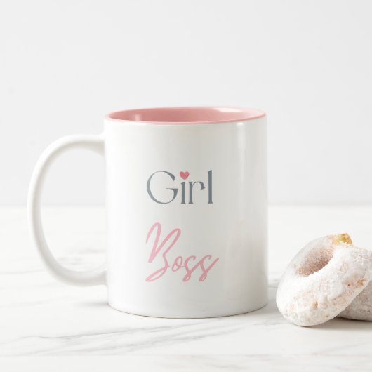 Meisje Baas, Roze Hart Empowerend Geschenk Tweekleurige Koffiemok (Met donut)