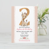 Meisje Baby Giraffe 2e verjaardag Uitnodiging (Staand voorkant)