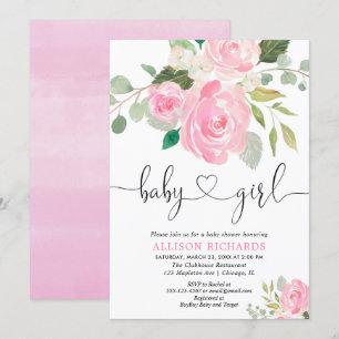 Meisje baby shower floral waterverven blush roze kaart