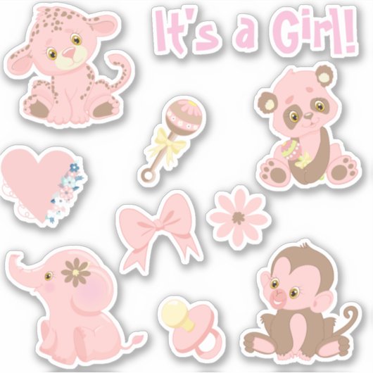 Meisje Baby shower Roze Dieren Set Sticker (Voorkant)