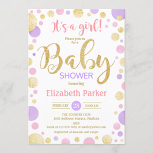 Meisje Baby shower - Roze Paarse gouden Stippen Kaart