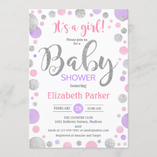 Meisje Baby shower - Roze Paarse Zilveren Stippen Kaart
