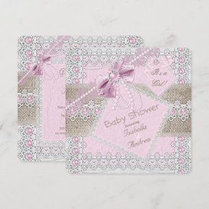 Meisje Baby Shower Roze Parel Boog Kant Jute 2 Kaart