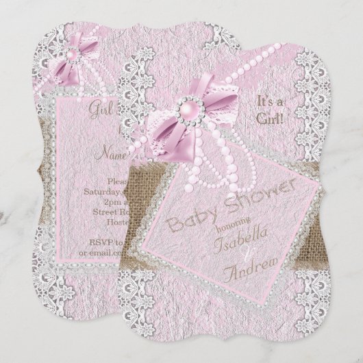 Meisje Baby Shower Rustic Roze Strik Parel Kant 2 Kaart (Voorkant / Achterkant)