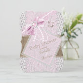 Meisje Baby Shower Rustic Roze Strik Parel Kant 2 Kaart (Staand voorkant)