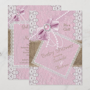 Meisje Baby Shower Rustic Roze Strik Parel Kant Ju Kaart