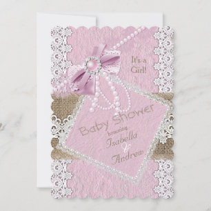 Meisje Baby Shower Rustiek Roze Strik Kant Linnen Kaart