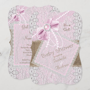 Meisje Baby Shower Rustiek Roze Strik Parel Kant 2 Kaart